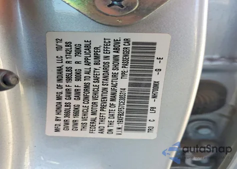 2012 Honda Civic Lx из США, поврежденный, VIN 19XFB2F57CE385314